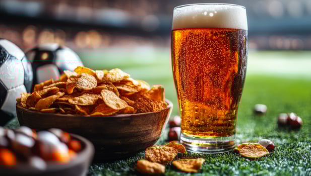 Snacks, beer, and soccer fun. A bowl of snacks and a glass of beer sit on grass near soccer balls, perfect for game day enjoyment with friends. photo