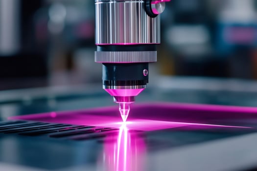 Laser engraving machine working on metal plate with pink light photo