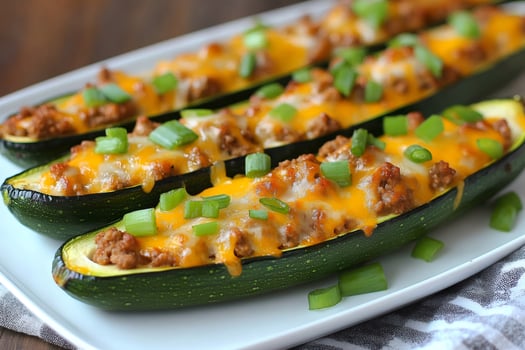 Delicious stuffed zucchini boats with ground beef, cheese, and green onions photo