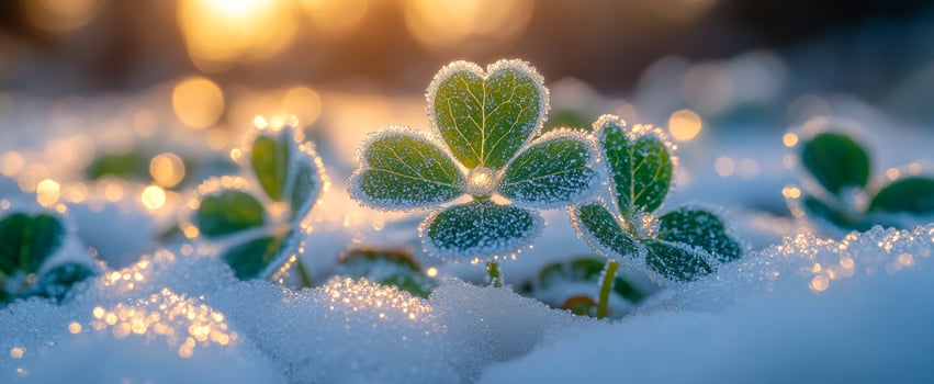 Frosty clovers glisten in sun. Dewy clovers emerge from a blanket of snow as the sun rises, creating a serene winter landscape filled with light. photo