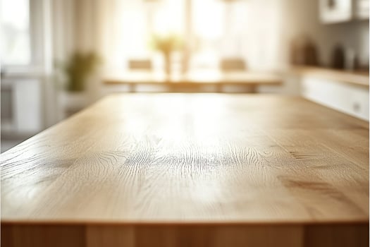Empty wooden kitchen countertop for product display. Generated by artificial intelligence photo