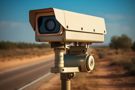 Speed camera monitoring traffic on a desert road photo