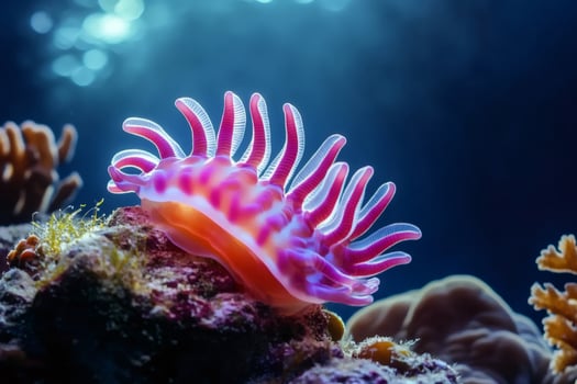 Nudibranch showing cerata on coral reef in the ocean photo