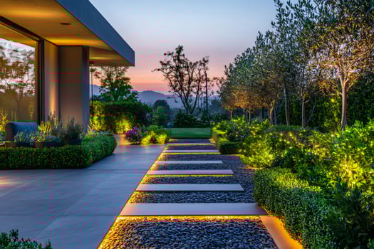 Modern garden lighting illuminating stone pathway at dusk photo