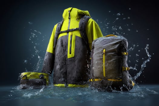 Waterproof clothing and backpack resisting water splashes on dark background photo