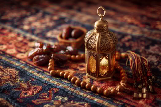 Ramadan kareem still life with dates, lantern, prayer beads and carpet photo