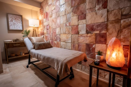 Massage table in spa room with himalayan salt lamp and stone wall photo