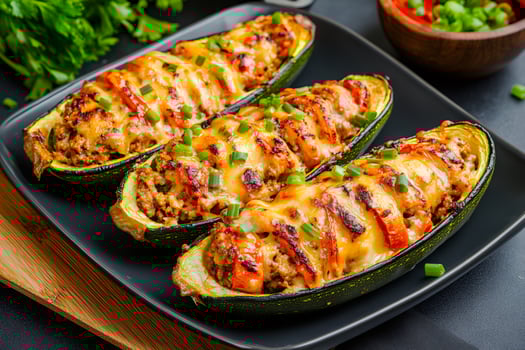 Zucchini boats stuffed with ground beef, vegetables, and melted cheese, creating a delicious and healthy meal photo