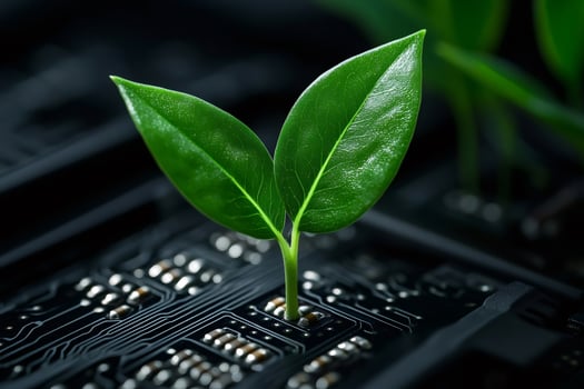 Green plant growing from computer circuit board symbolizing green technology photo