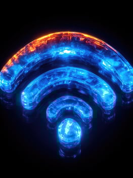Wifi symbol glowing in blue and orange light on dark background photo