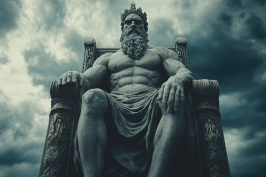 Zeus, god of the sky and thunder, sitting on his throne ruling on mount olympus photo