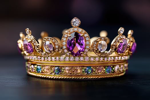 Golden crown embellished with sparkling gems rests on dark surface photo