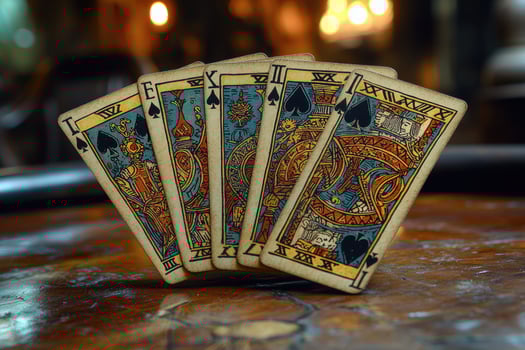 Five playing cards showing spades suit standing on table photo