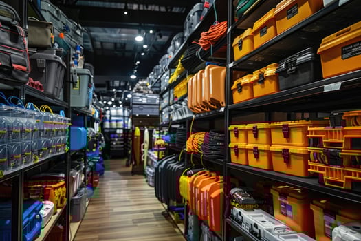 Wide variety of tools, storage, and equipment for sale at a large hardware store photo