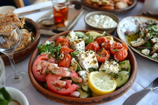 Delicious greek salad with tomatoes, cucumber, feta cheese and herbs enjoying a meal photo