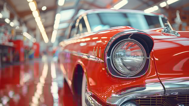 Classic red american car headlight shining under bright lights photo