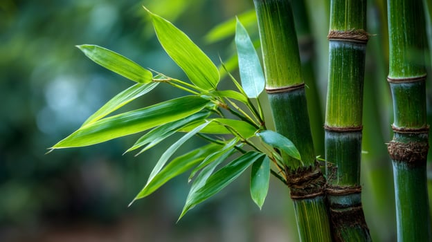 Vibrant green bamboo stalks and leaves growing in nature photo