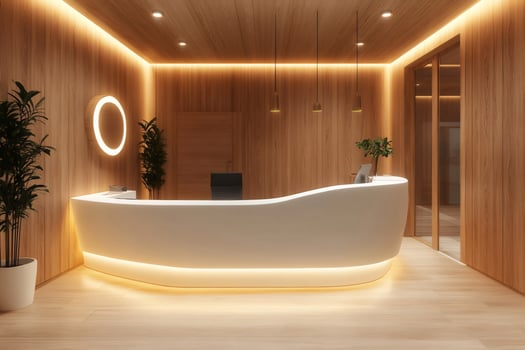 Modern reception desk in luxurious office lobby with warm lighting photo