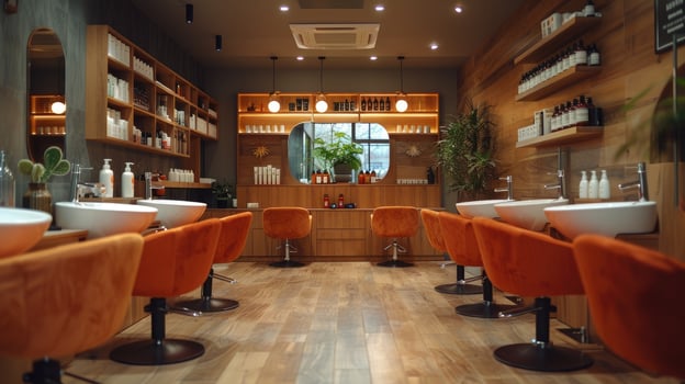Modern hair salon with stylish interior and orange chairs, wooden accents. photo
