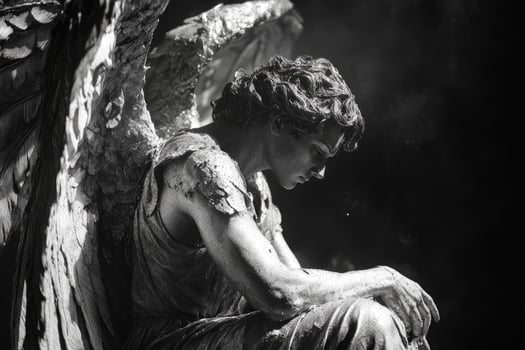 Weathered stone angel statue with folded wings conveying sadness photo