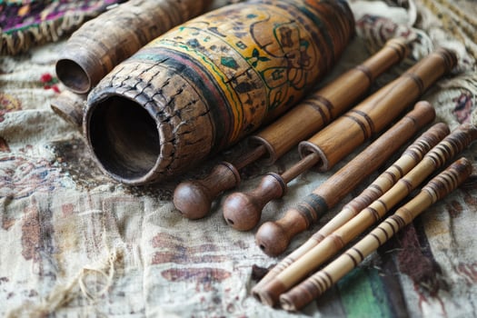 Displaying traditional handmade bamboo crafts on wooden shelf photo