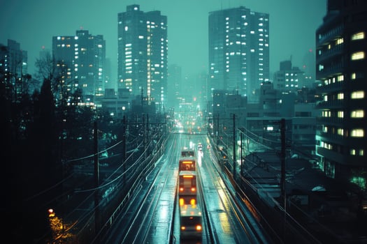 Dense urban cityscape illuminating night sky with glowing windows and street lights photo
