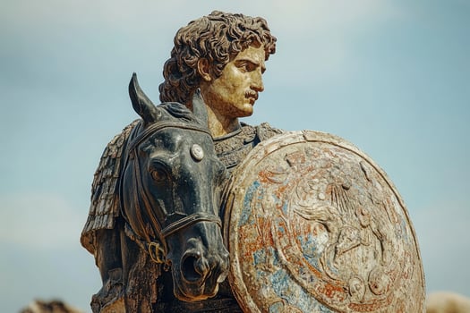 Ancient warrior statue holding shield and riding horse photo