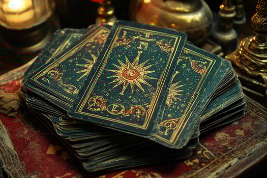 Deck of vintage, worn tarot cards laying on antique table photo