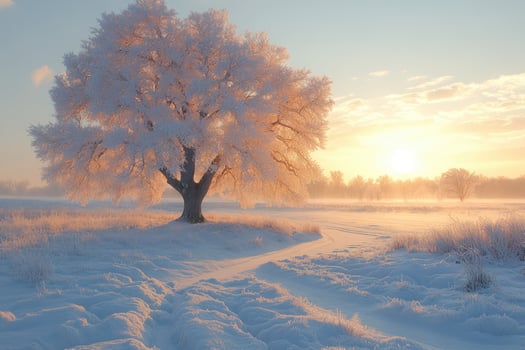 Beautiful winter landscape with snow covered field and trees at sunset photo