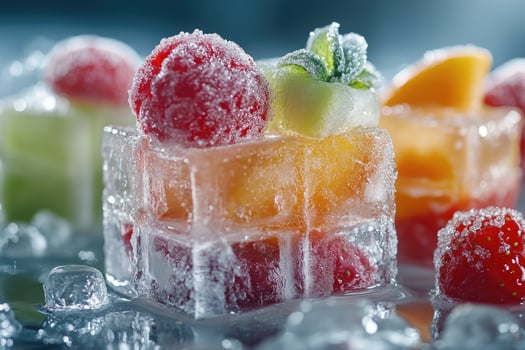 Ice cubes melting with frozen fruit on a reflective surface photo