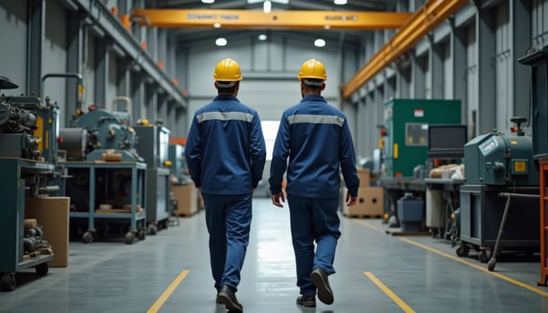 Engineers walking through industrial workshop, discussing current project and machinery photo