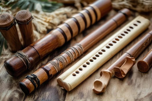 Variety of wooden musical instruments laying on tabletop photo