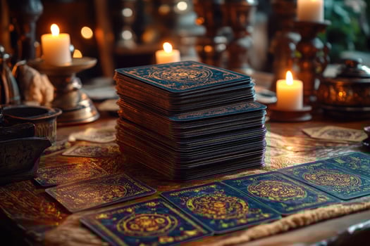 Stack of tarot cards lying on fortune teller desk with burning candles.. photo