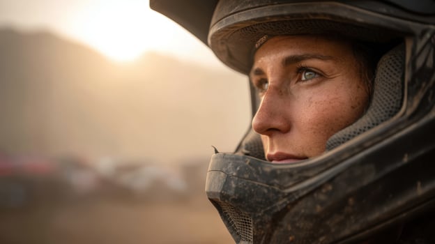 Focused Female Rider in Protective Gear on Outdoor Adventure photo