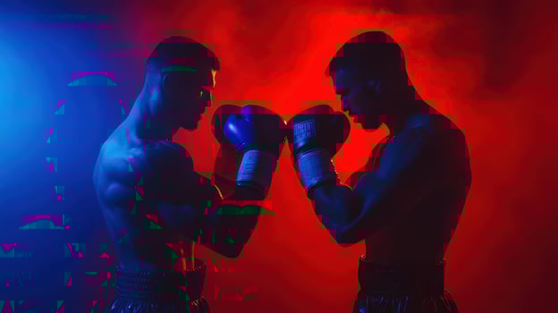 Two male athletes in intense boxing face-off against a vibrant backdrop, showcasing strength and determination in dynamic athletic competition. Ring boxing competitions photo