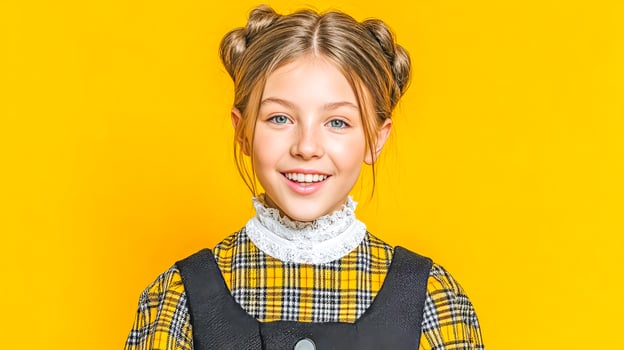 Cheerful teenage girl in classic checkered school uniform and elegantly styled hairdo photo