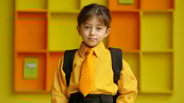 A girl in a school uniform in a yellow shirt and tie, with a briefcase on her shoulders, stands at school photo