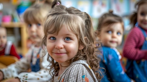 A delightful moment captured of a young girl with curly hair and bright blue eyes photo