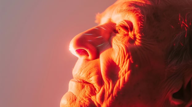 This elderly person thoughtfully gazes in warm light, reflecting on advancements in longevity. photo