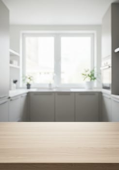 Empty kitchen table with wooden top and white counter photo