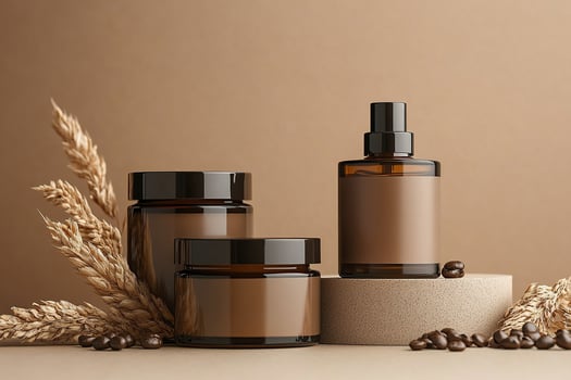 Brown glass cosmetic jars with natural fabric brown background photo