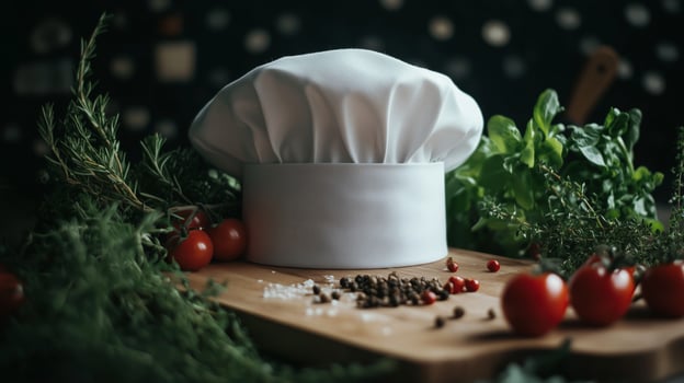 A chef hat sits on top of a wooden cutting board photo