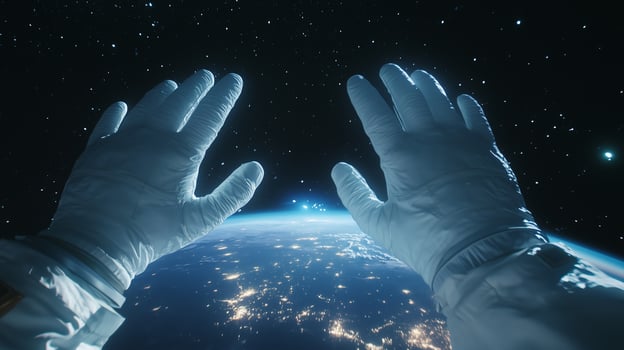 Hands in space gloves with earth in background photo