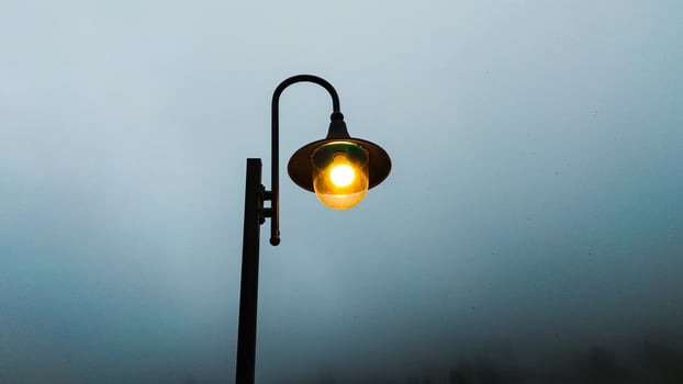 Garden lights are on in the afternoon with a foggy background, aesthetic lamp photo
