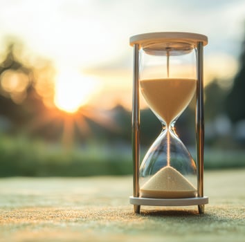 Hourglass at sunset symbolizes the passage of time and reflection. Time management work life balance motivation. photo