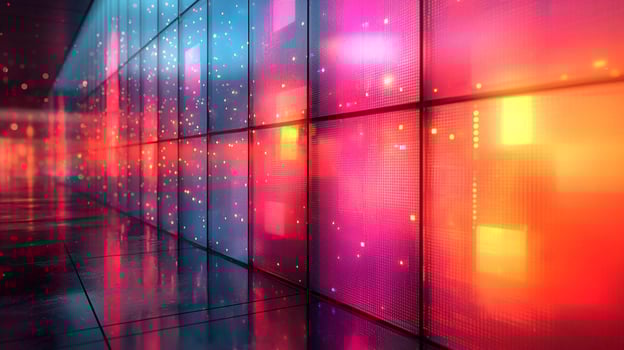 A colorful wall with lights and a red and blue background photo
