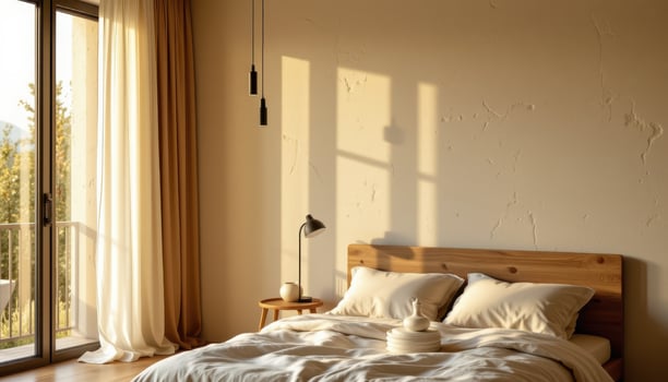 Serene Bedroom Interior Design Sunlight Streaming Through Curtains onto Minimalist Bed photo