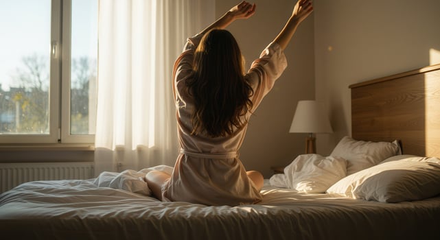 Young woman in a robe stretching on a bed in the morning sunlight, waking up in a bedroom. photo