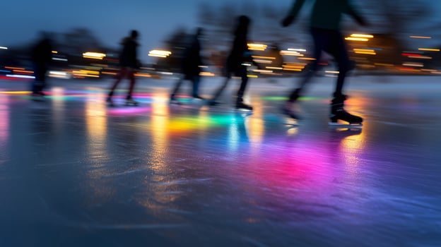 Winter Night Sky Scene Skaters Enjoying Colorful Ice Rink photo