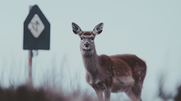 A deer standing in front of a sign photo